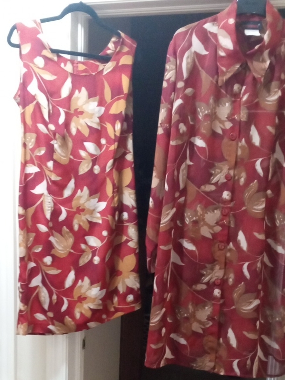 Vintage Floral Red Sleeveless Shift Tunic Dress An Sheer Matching Long Cover Up